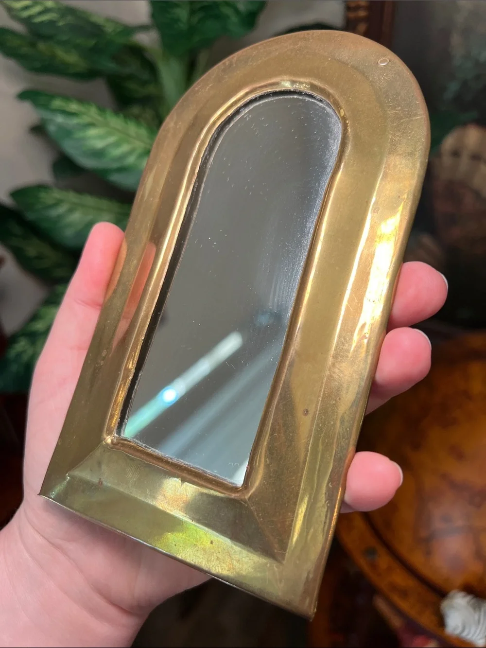Vintage Boho Moroccan Gold Brass Arched Accent Mirror Small Wall Mirror